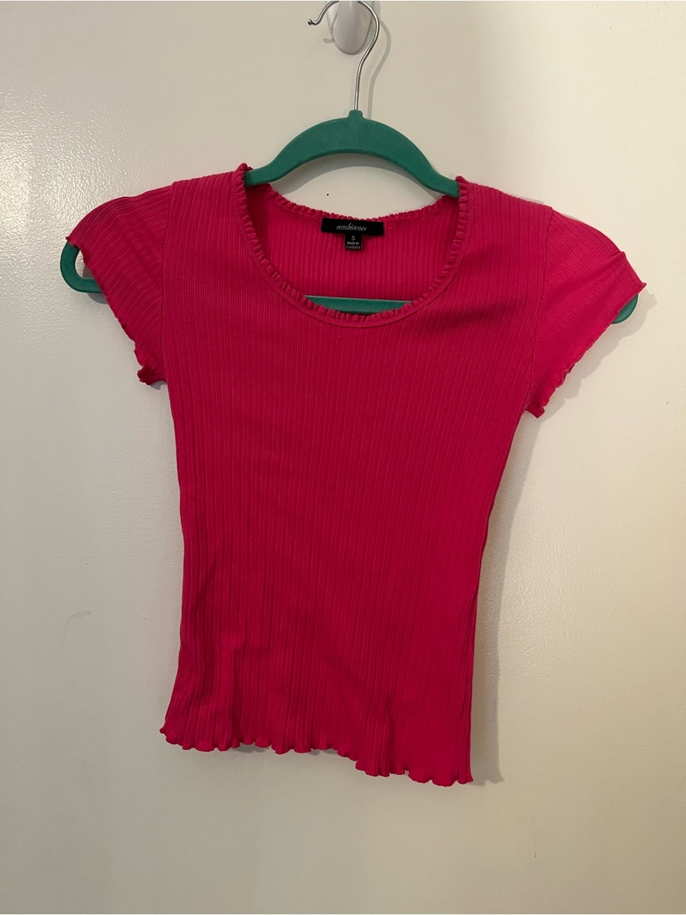 Ambiance Hot Pink Ribbed Ruffle Trim Round Neck Short Sleeve Crop top Women’s S